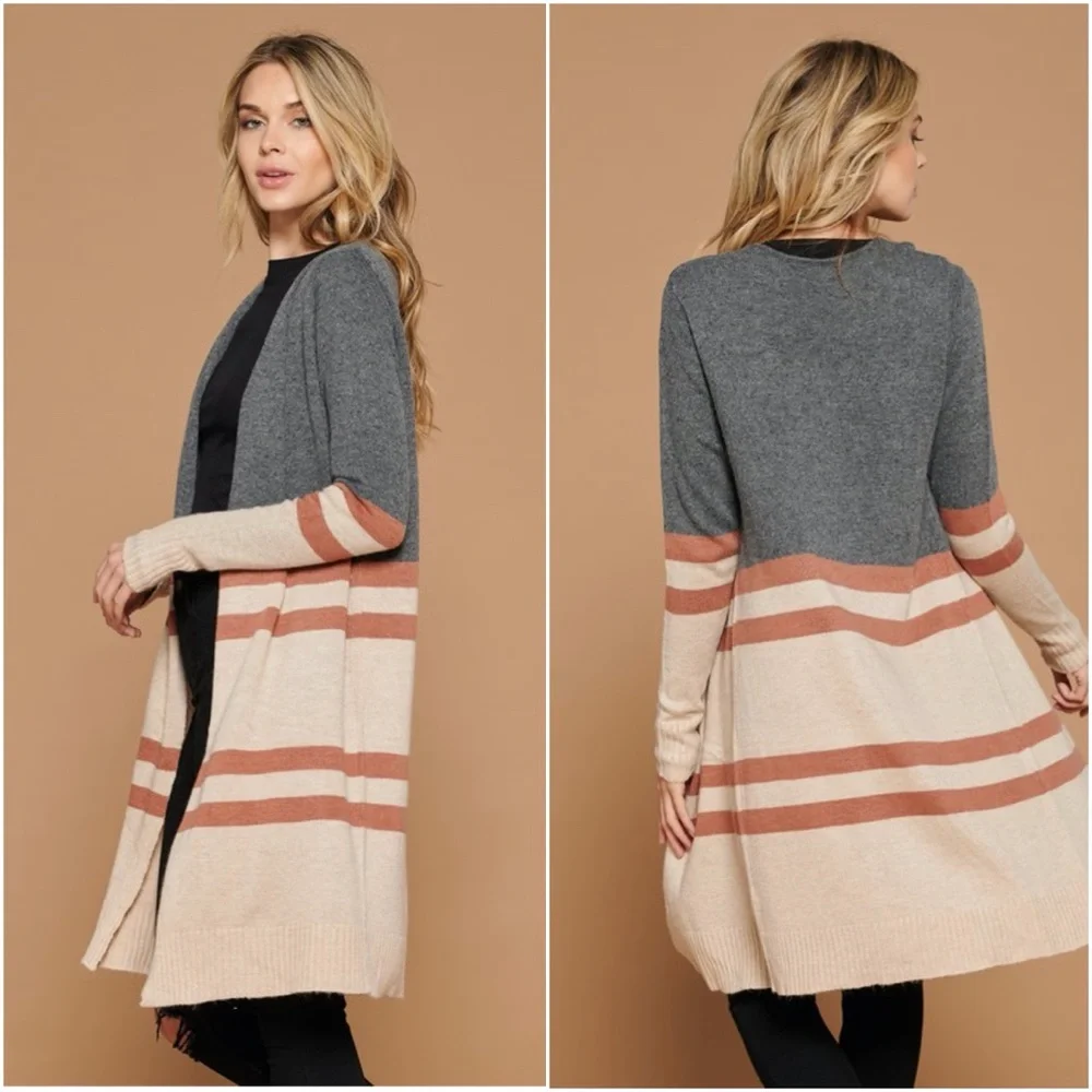 Charcoal Color block cashmere blend long cardigan Work Office - Picture 5 of 5